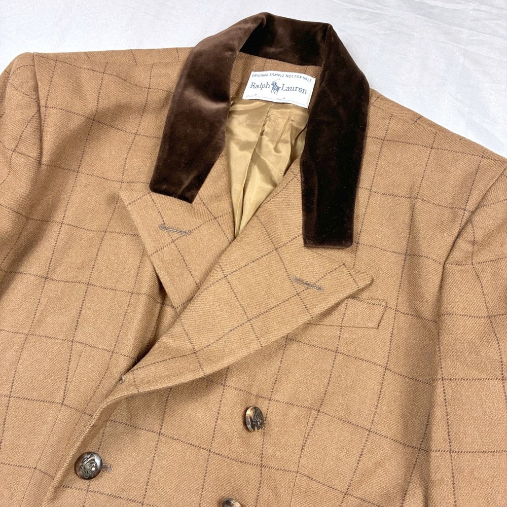 Ralph Lauren Double Breasted Blazer Size 12 Tan Windowpane Check Velvet Collar